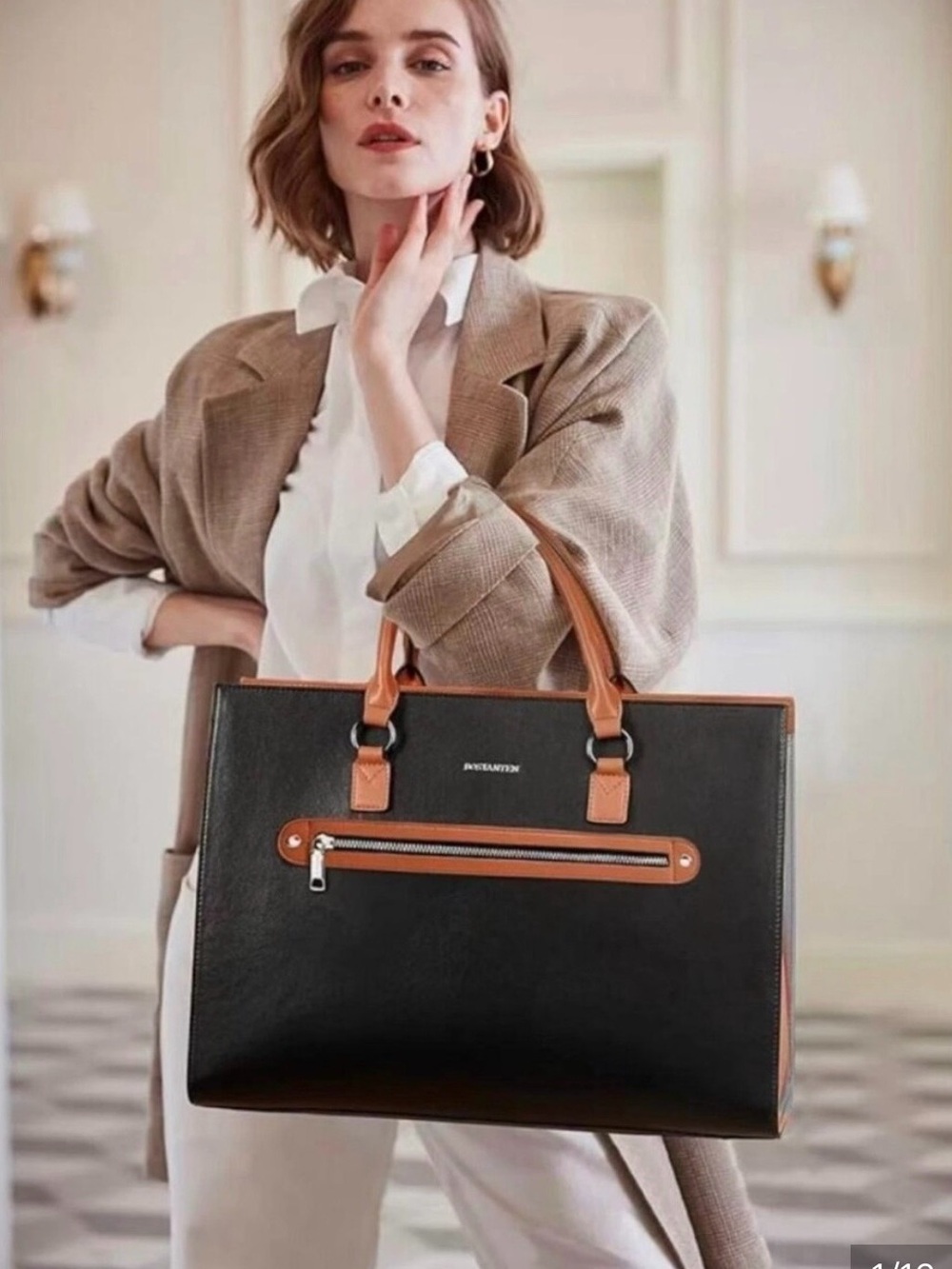 Black Tote with Tan Trim and Front Zip Pocket